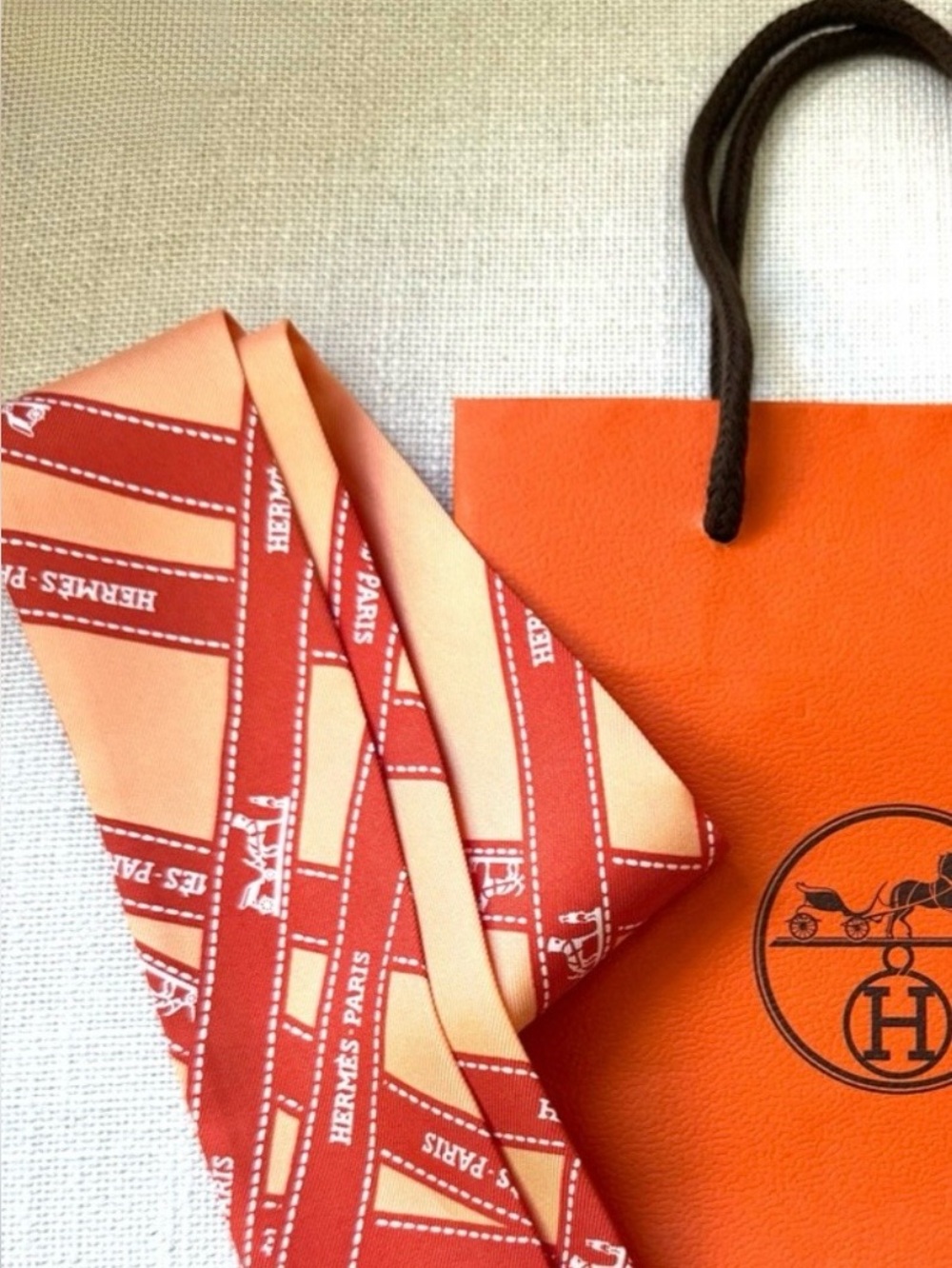 HERMES Bolduc Twilly Silk Scarf Ribbon Orange Rouge France + Shopping/Gift Bag